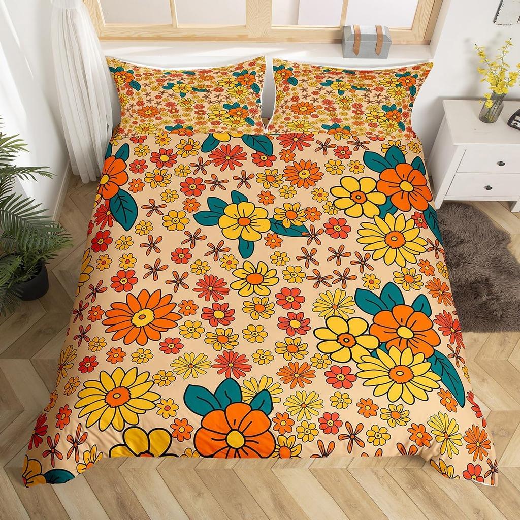 Exotic Floral Duvet Cover Abstract Geometric Bedding Set Microfiber Flowers Leaves Comforter Cover King For Girls Adult Bedroom