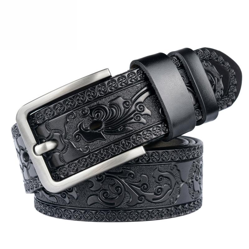 Cow Leather Embossing Belt Male Classic Vintage Pin Buckle Strap