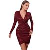 Red Sequin V-neck Evening Party Dress with Regular Sleeves