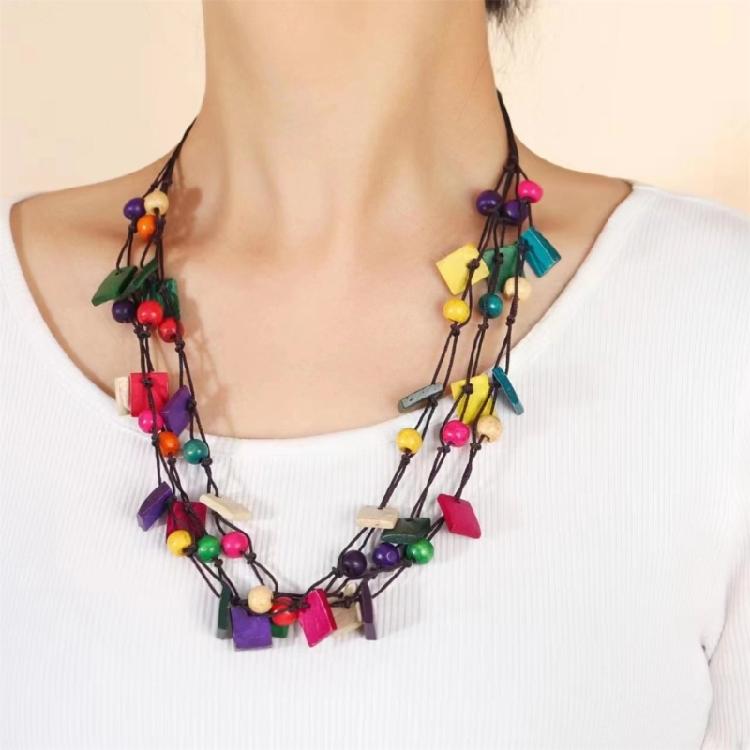 Trendy Bohemian Necklace with Coconut Shell and Wood Beads Colorful Designs for a Unique Fashion Statement Pieces