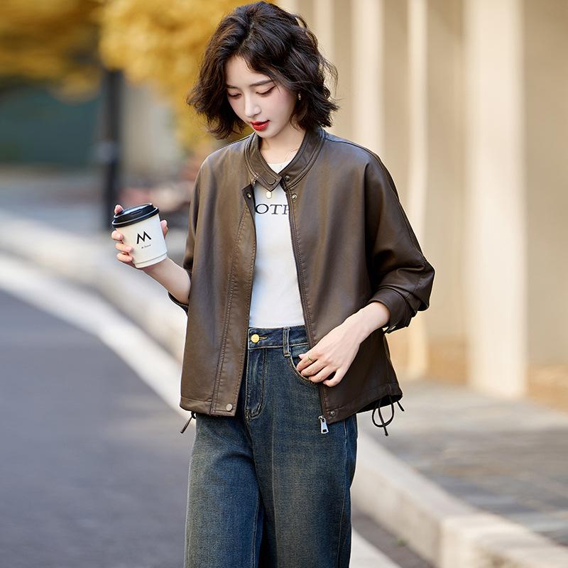 

Дизайнерская текстурированная кожаная куртка женская куртка весна и осень новая однобортная с лацканами топ куртка-локомотив короткая кожаная куртка XL темно-коричневого