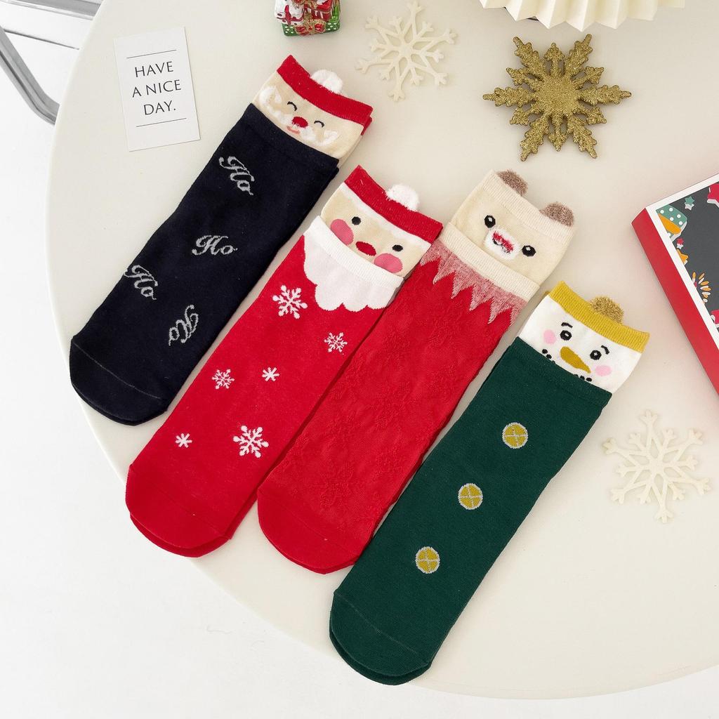 Damen Baumwolle Cartoon Weihnachtsmann Schneeflocke Mittelwaden-Socken, Weihnachtsgeschenk in Geschenkbox