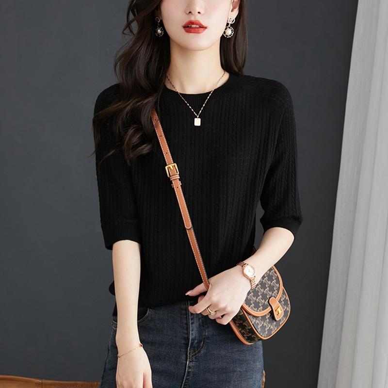 Spring and Summer Medium-sleeved Knitted Sweater Women's Thin Early Autumn New Loose Twist Bottomed Sweater Top