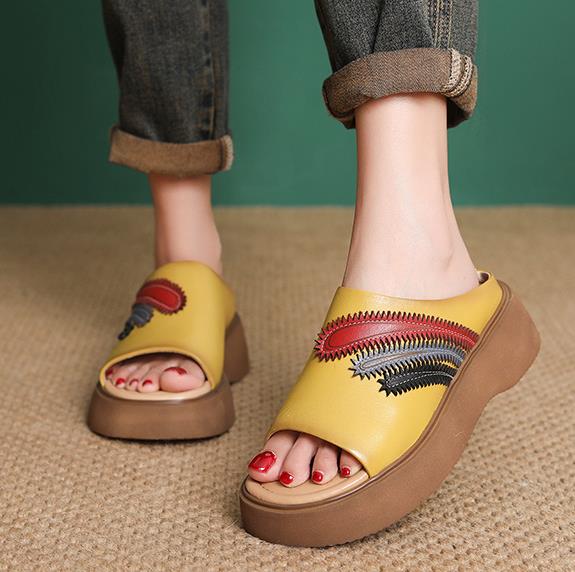 Fashion 5cm Cow Genuine Leather Moccasins Peep Toe Ladies Summer Hollow Thick Soled Flats Platform Wedge Sandals Women Shoes