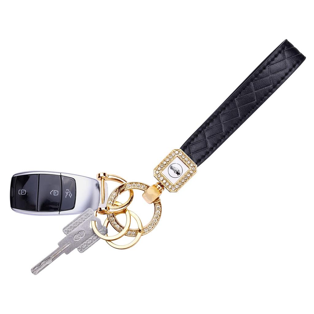 Wisdompro Car Key Key Chain, Sparkling Carabiner, PU Leather, Smart Key, Anti-Lost, Stylish, Cute, Women's, Black