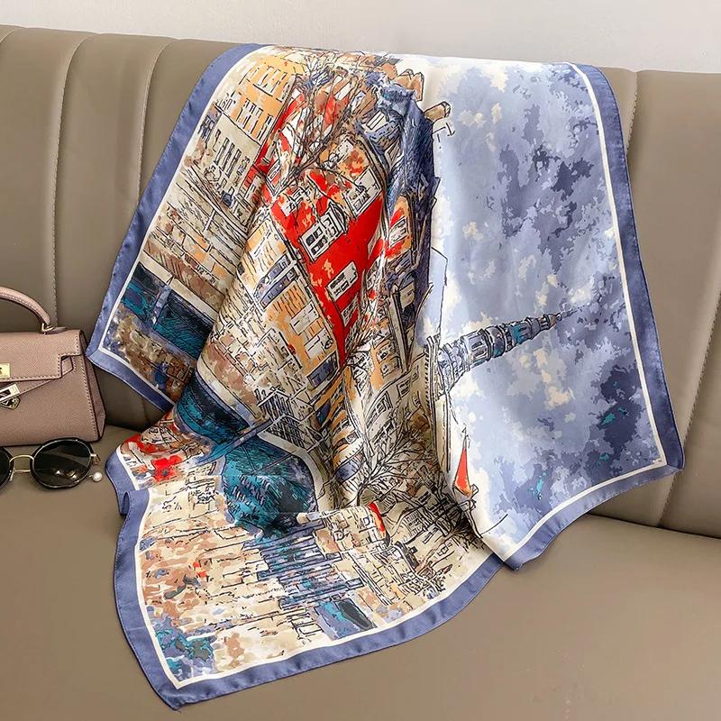 

Retro Oil Painting Print 70*70cm Silk Square Scarf Women Soft Satin Hairband Neckerchief Tie Female Headband Foulard Bag Ribbon 70x70cm
