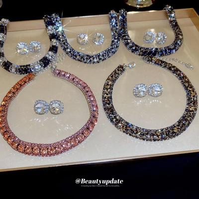 2025 French Light Luxury Zircon Stud Earrings & Versatile Clavicle Necklace Set