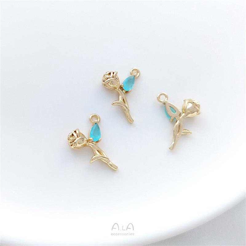 14K Gold-Filled Zircon Rose Pendant: Handmade Branch & Leaf Charm for DIY Jewelry