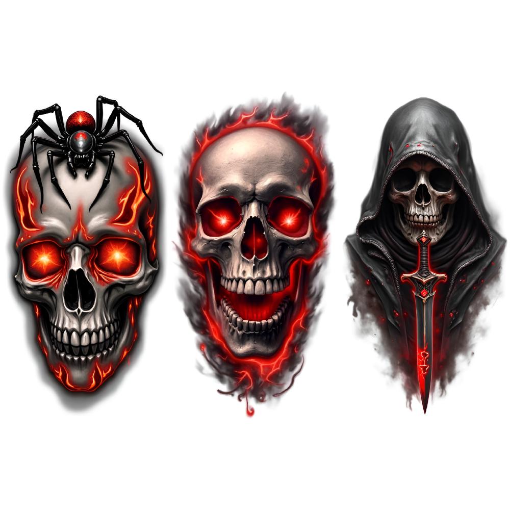 3 sztuki Tymczasowe Tatuaże Wodoodporne Długotrwałe Naklejki na Ciało Pająk Czaszka Czaszka z Kapturem i Mieczem Kruk na Czaszce Dla Dorosłych