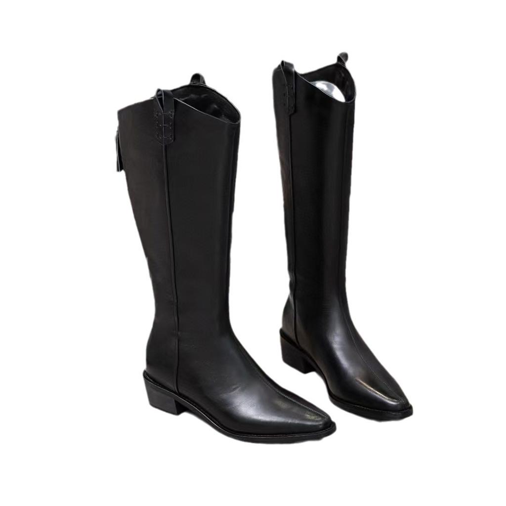 Lange Stiefel, Damenschuhe, Spitzstiefel mit Fleece, Dicke Absätze, Schlankmachende Stiefel