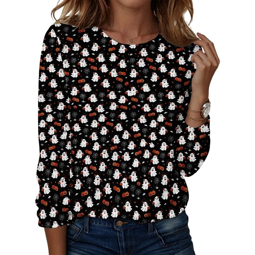 Women's Casual Long Sleeve Halloween Print Round Neck Top