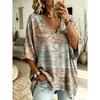 Modern Geometric Line Printed T-shirt, Plus Size V-neck Women's Ethnic Style, European and American Art Three-quarters Bat Sleeve Casual Top