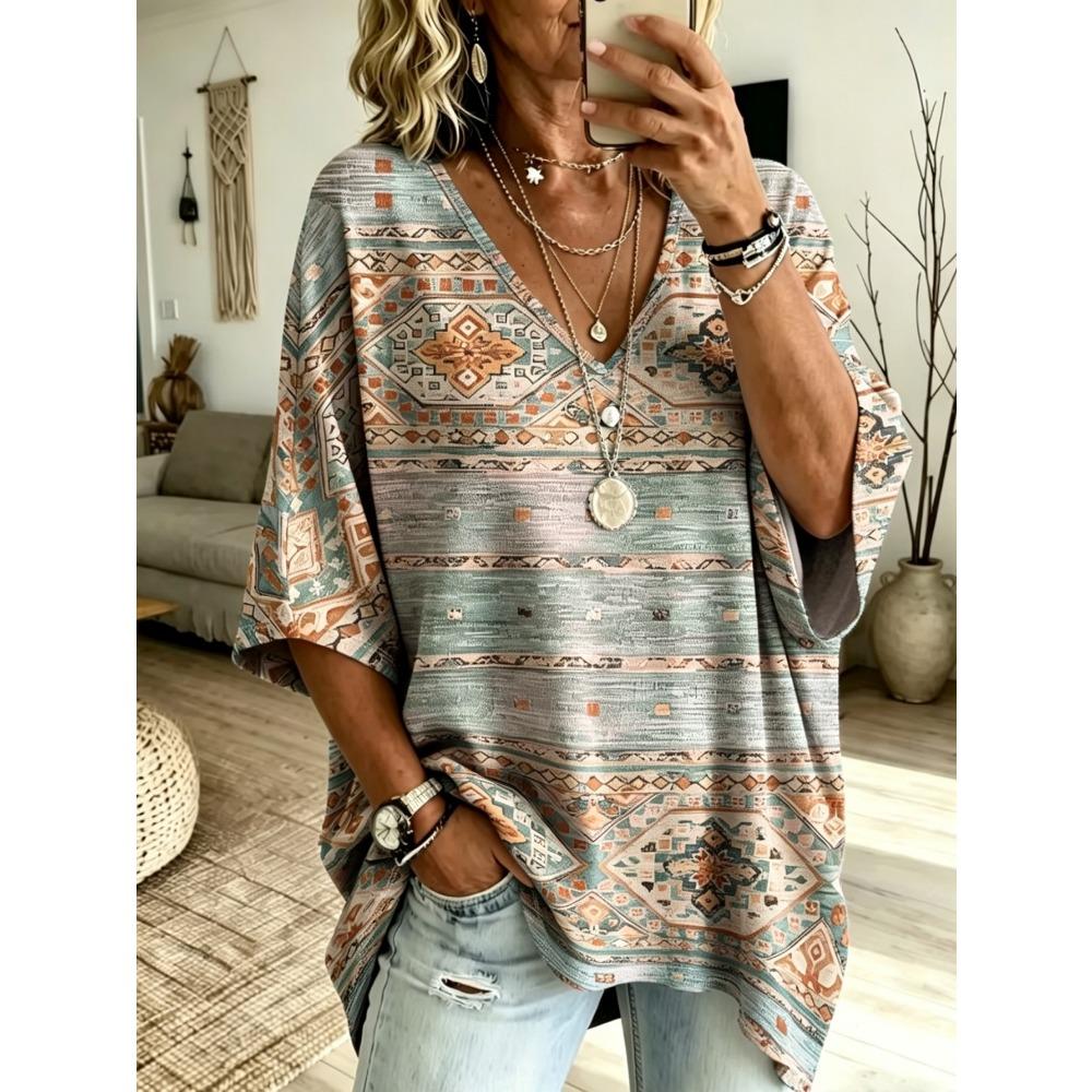 Modern Geometric Line Printed T-shirt, Plus Size V-neck Women's Ethnic Style, European and American Art Three-quarters Bat Sleeve Casual Top