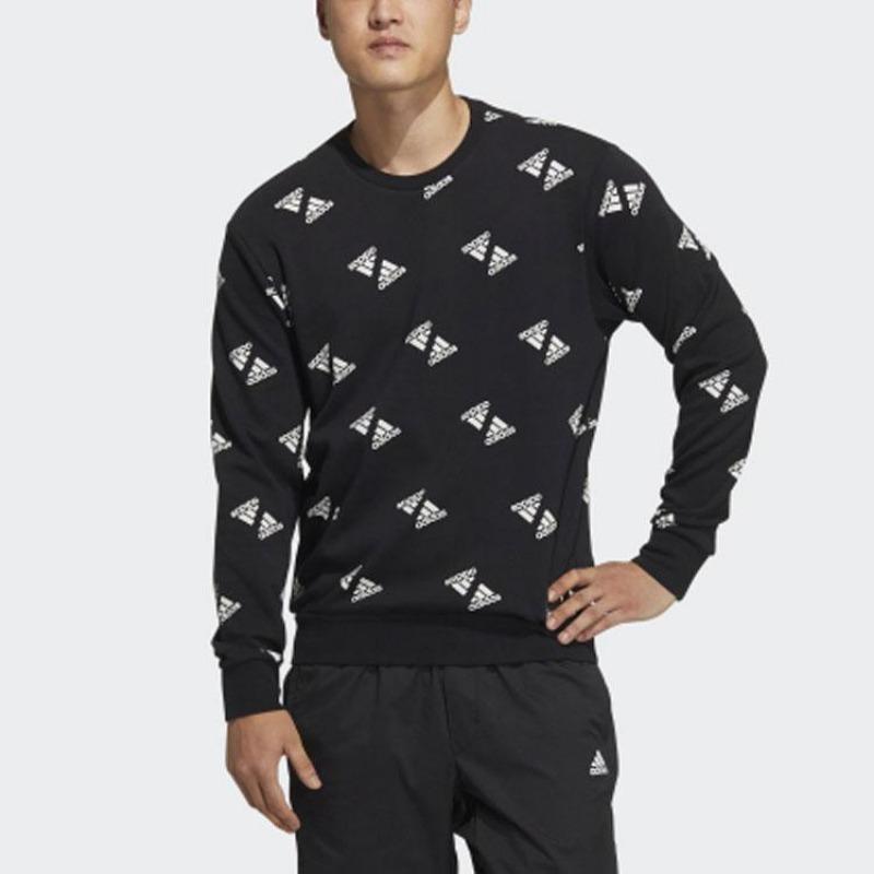 adidas Men's Black All-Over Print Logo Crew Neck Sweatshirt HE7447