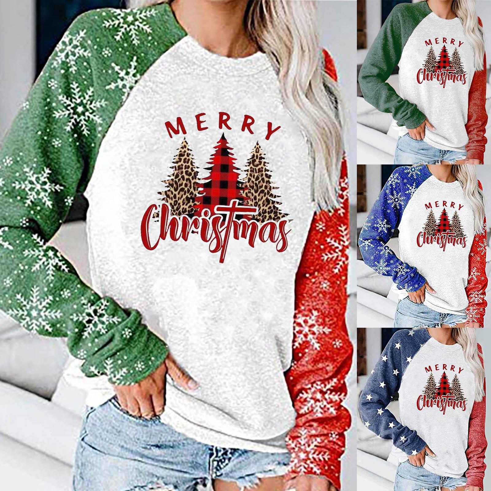 

Женский модный повседневный топ с длинным рукавом средней длины с рождественским принтом