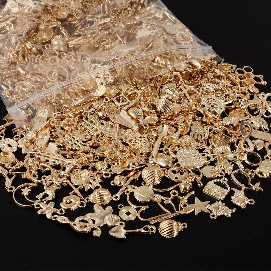 KC Gold Color Random Mix Cute Metal Charm Heart Moon Flower Pendants For Jewelry Making Supplies Handmade Bracelets Charms Bulk
