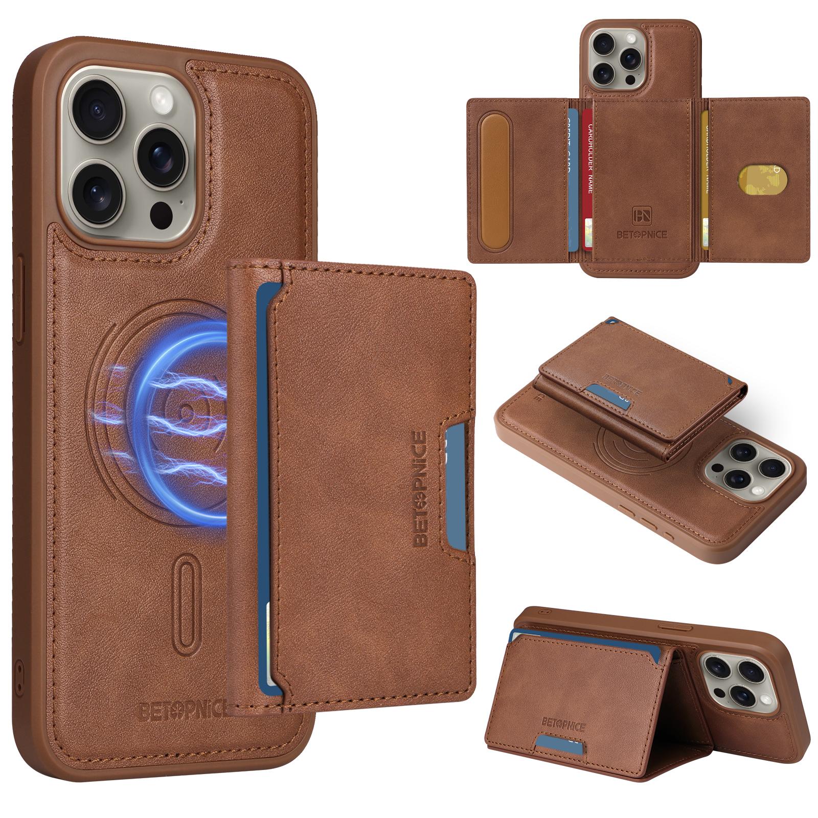 

For iPhone 15 Pro Max Magnetic Case BETOPNICE Leather Phone Cover Kickstand with Detachable Card Bag E