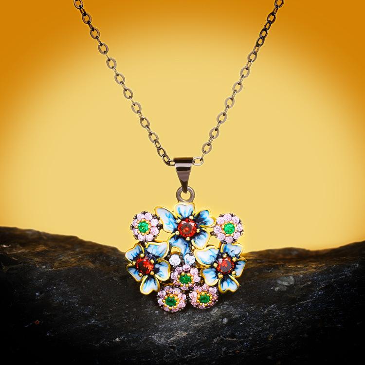2026 Fashion Jewelry Color Zircon Black Gold Flower Three-piece Ring Necklace Earrings Women's Jewelry