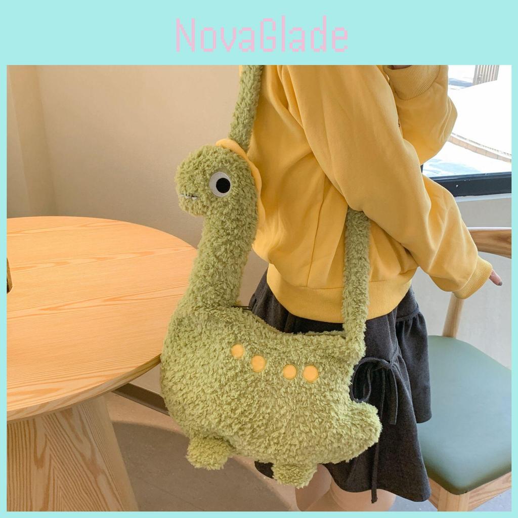 Cartoon Dinosaur Plush Bag For Girls Soft Toy Shoulder Wallet With Zipper Closure