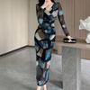 Sexy Tie-dye Printed V-Neck Long Sleeve Dress Women Chic Elegant Patchwork Vintage Midi Dresses Female Korean Fashion Casual One Piece Dress 2024
