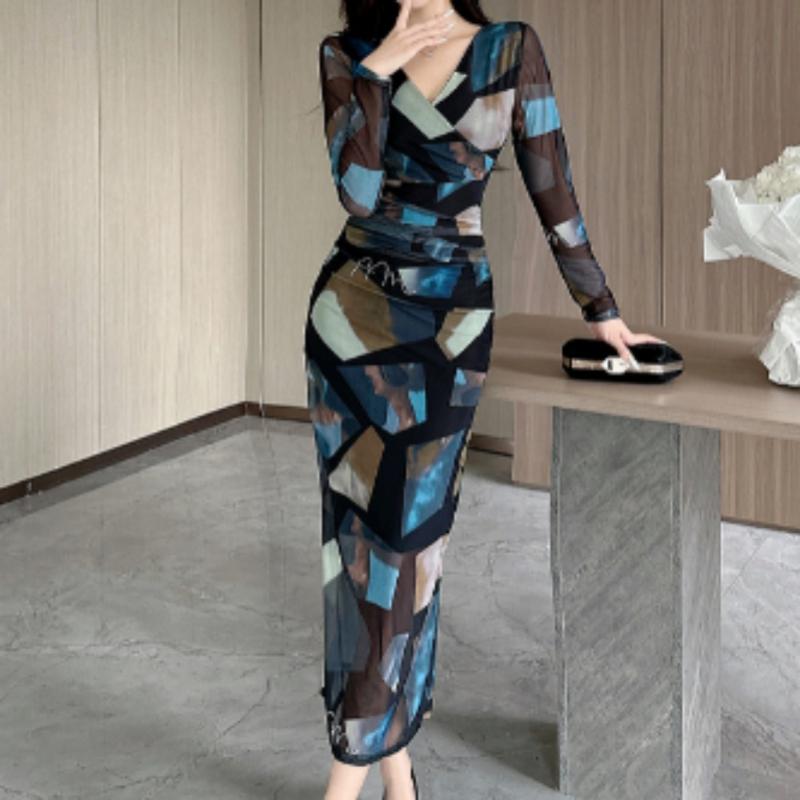 Sexy Tie-dye Printed V-Neck Long Sleeve Dress Women Chic Elegant Patchwork Vintage Midi Dresses Female Korean Fashion Casual One Piece Dress 2024