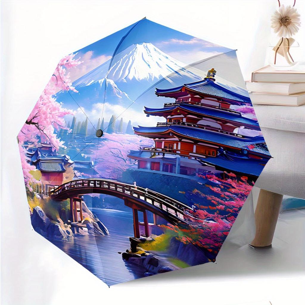 Automatic Folding Umbrella Japanese Landscape with Cherry Blossoms and Mount Fuji. Portable Collapsible Design, Casual Outdoor