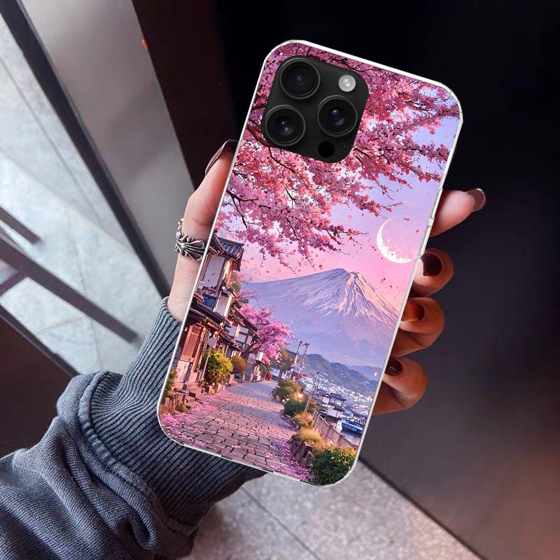 

Japanese Cherry Mount Fuji Phone Case For iPhone 17 Air 16 15 Pro Max 14 Plus 13 Mini 12 11 Cover 7 8 SE Silicone Shell Print Fu iPhone 14 Plus