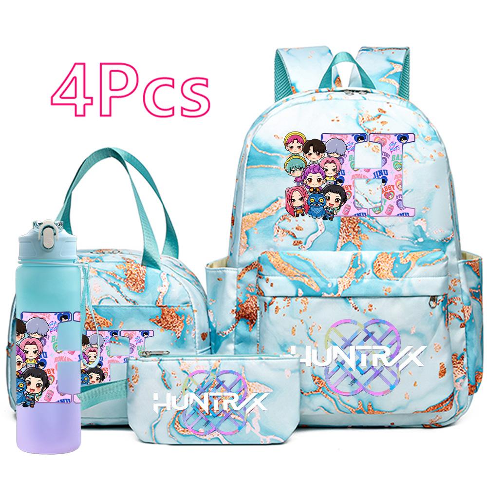 4Pcs/set Cartoon K-Pop Printed Large Capacity Backpack Handbag Pencil Case with 750Ml Water Bottler for Teenager Boy Girl Schoolbag Bookbag Mochila