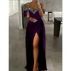 Women's Short-sleeved Off-shoulder Strappy Hem Slit Long Dress