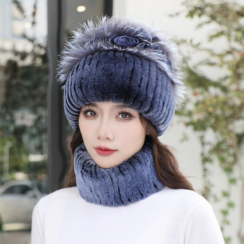 Fur Rex Rabbit Hair Hat Women's Winter Neck Cover Two-piece Warm Korean Version Fashion Beautiful Mom Snow Hat Travel