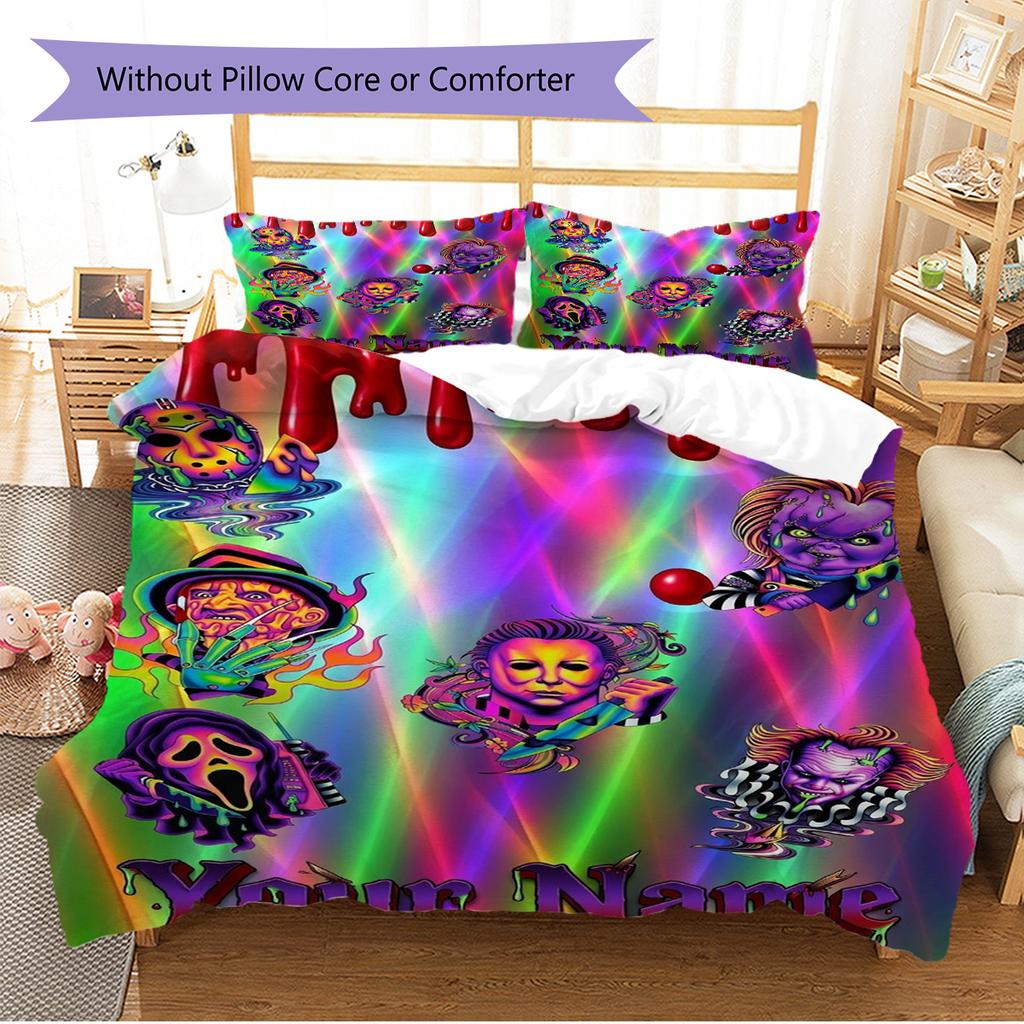 Name Custom Horror Movies Pattern Bedding Set Quilt Cover Pillowcase Home Decor Gift (1 * Duvet Cover + 2 * Pillowcase, Without Core)