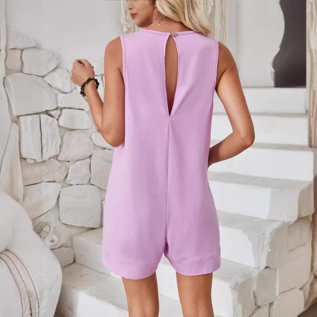 Women European American Style Sleeveless Big Pocket Casual Loose Suspender Cropped Jumpsuit
