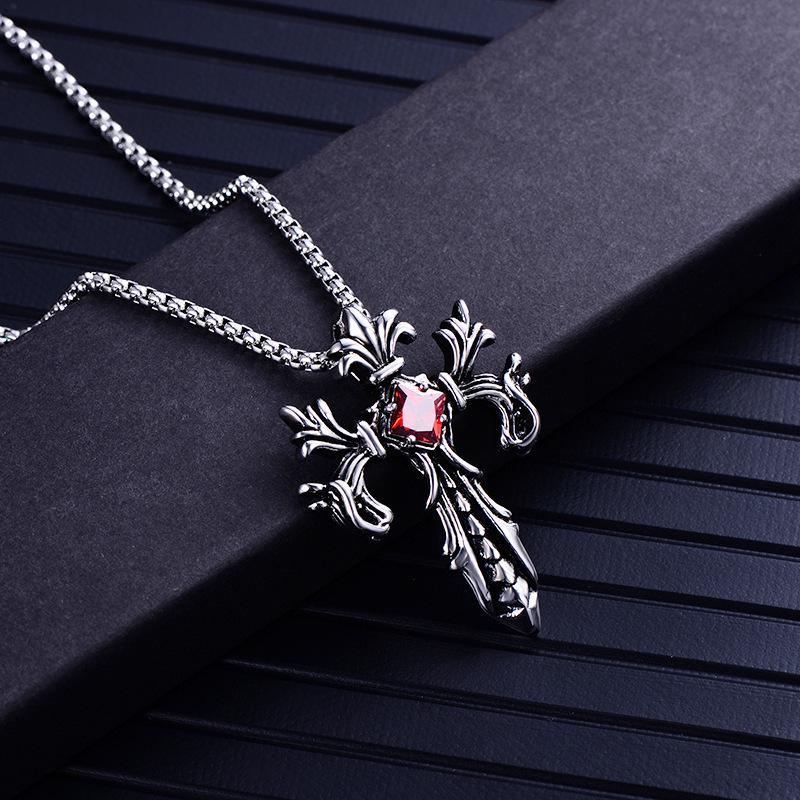 Retro Double Dragon War God Cross Pendant Necklace with Inlaid Diamond - Titanium Steel Jewelry
