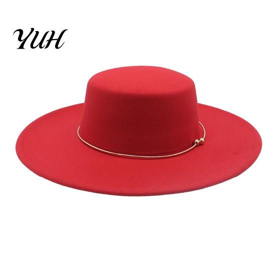 Retro Flat Top Hat Hat, Wool Felt Pork Pie Bowler with Elegant Metal Ring, Wide Brim Trilby for Women Men Autumn Winter Warm Fedora