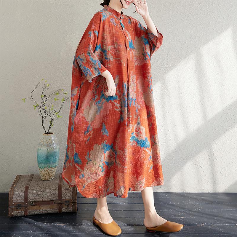 

Dimanaf 2025 Лето Женщин Плюс Размер Длинное Платье Винтажный Принт Льняной Повседневный Свободный Оверсайз Платье Новое One Size оранжевый