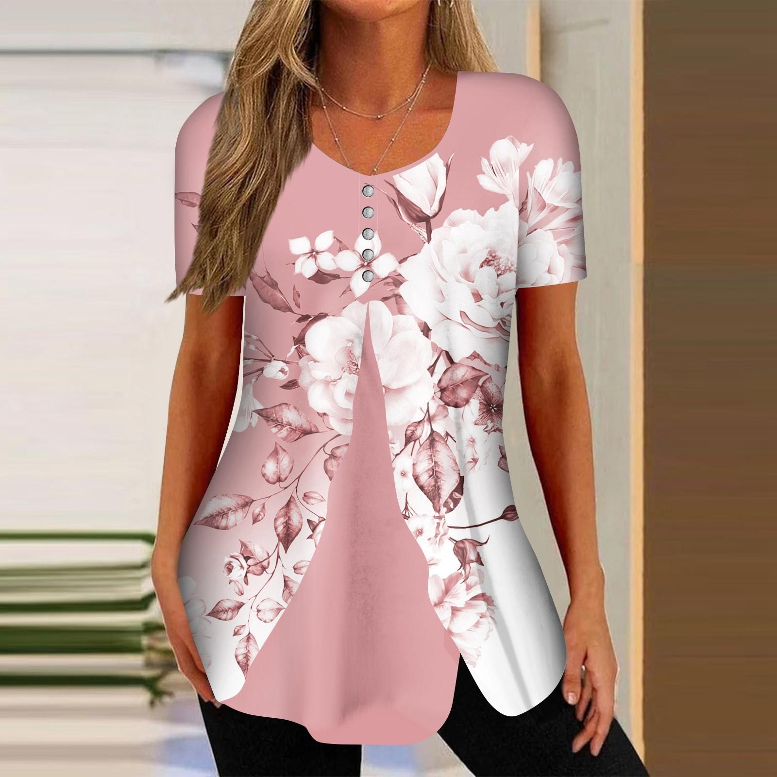 

Рубашки для женщин, топы с короткими рукавами, нарядные летние повседневные блузки с v-образным вырезом и нерегулярным подолом с принтом, футболки M розовый