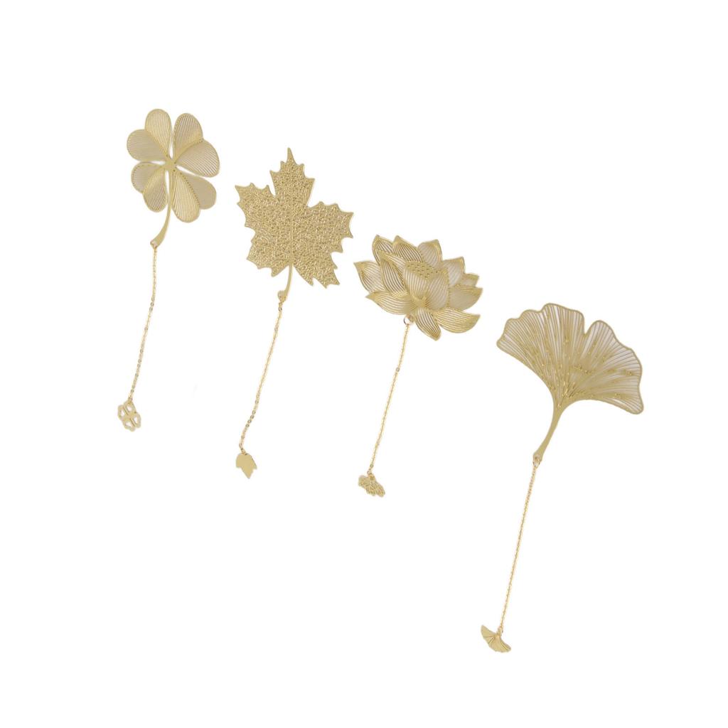 4pcs Metal Bookmarks with Chain Four Patterns Hollow Thin Golden Brass Metal Bookmarks