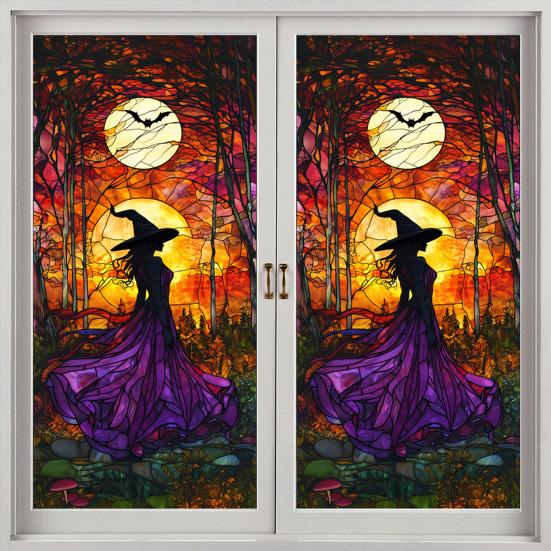 Halloween Window Sticker Stained Glass Style Witch Bats Decal Removable Pumpkins Ghosts Static Window Cling for Party Decoration