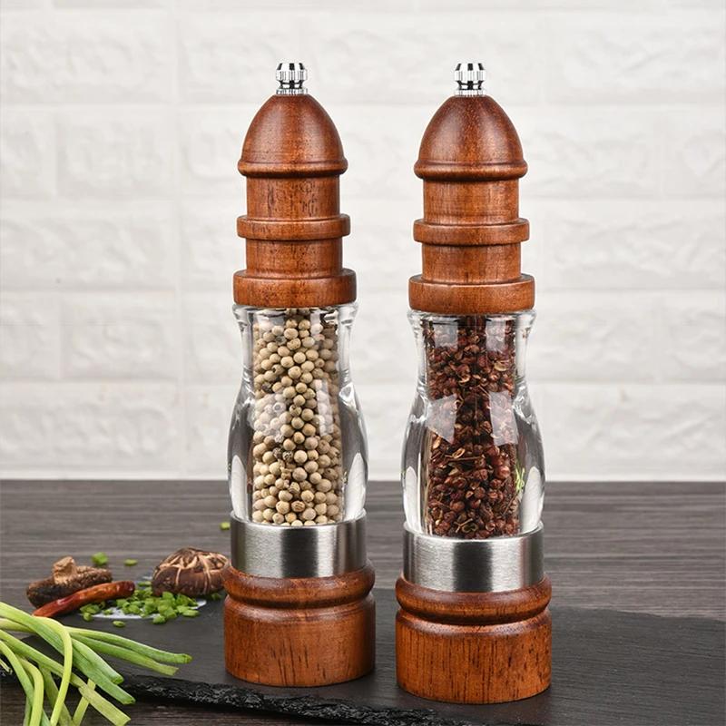 1/2Pcs Manual Pepper Salt Mill, Solid Wood + Acrylic Spice Grinder Shaker with Ceramic Core - Kitchen Tools