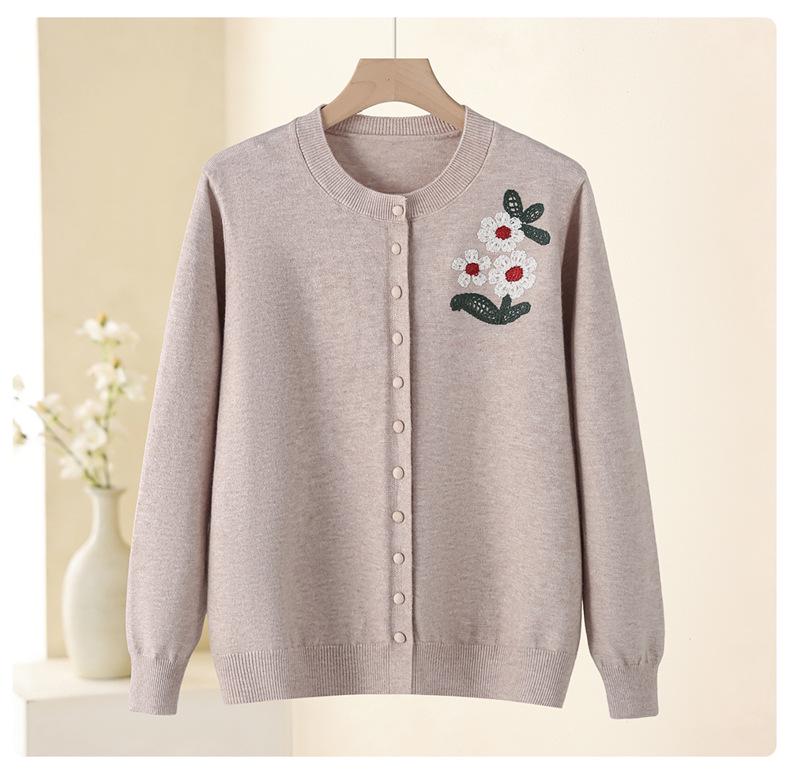 2026 Spring Embroidered Knit Sweater for Middle-aged & Elderly Women - Soft, Loose Button-up Top