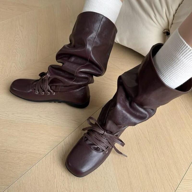 Fashion Flats Lace Up Women Mid Boots 2025 Winter New Trends Shoes Classical Pleated Comfortable Short Boots Fashion Zapatillas De Mujer