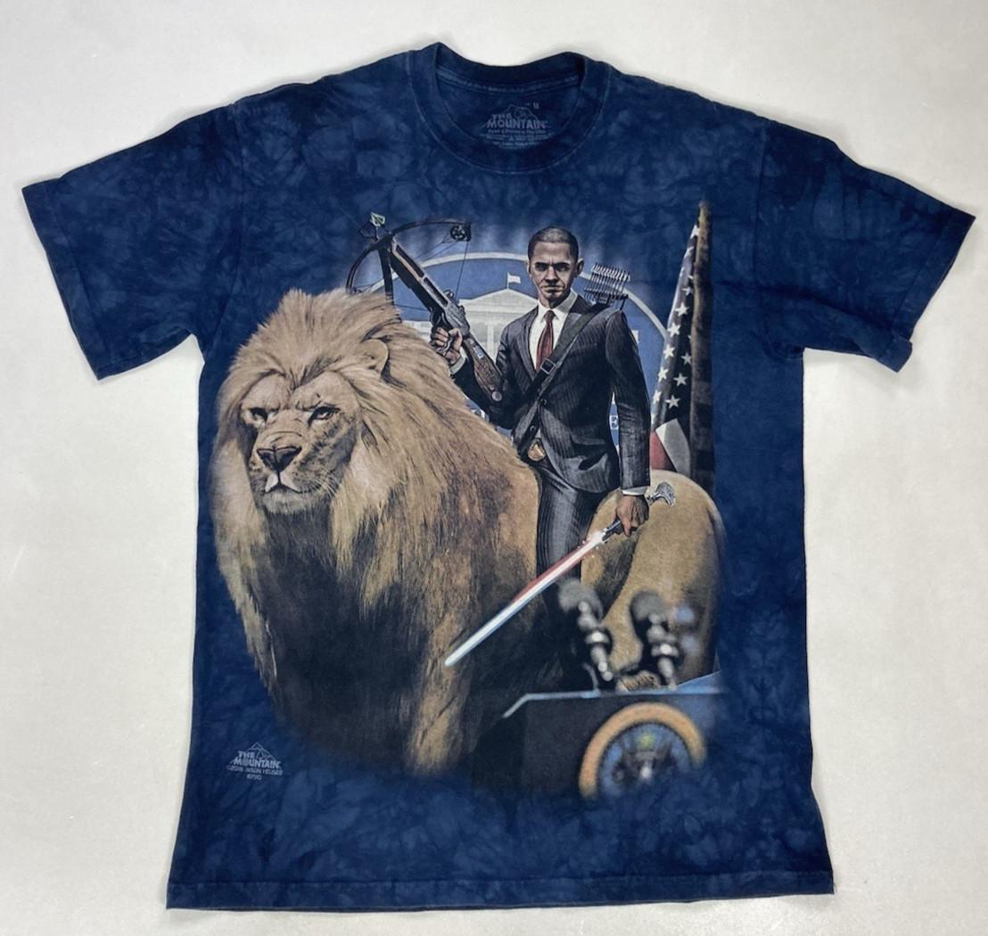 The Mountain President Obama Lion Graphic T-shirt Men Medium Blue Tie Dye XL