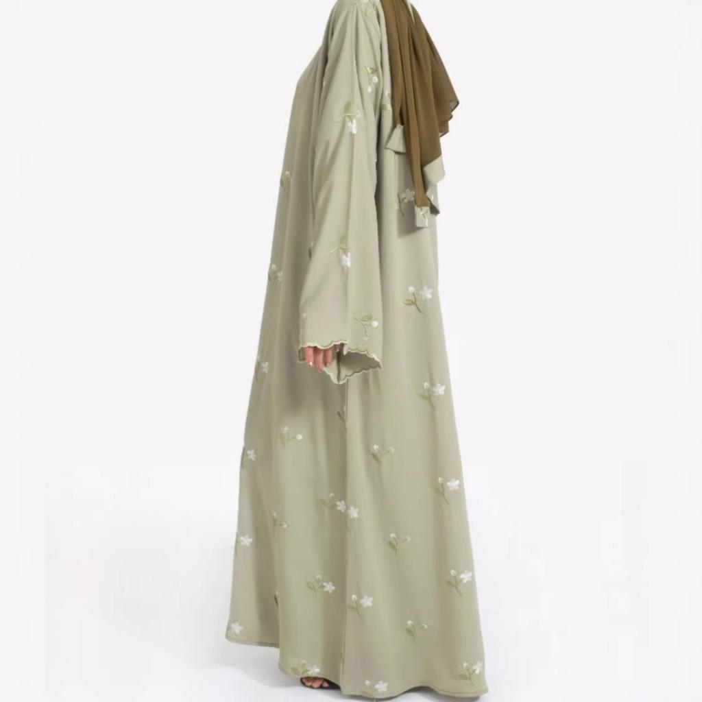 Women's Crew Neck Long Sleeve Maxi Dress Loose Waist Floral Embroidery Modest Abaya Dress