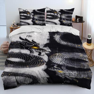 3pcs Grey Ink Wash Painting Loong Dragon 3D Print Bedding Set Soft Duvet Cover King Queen Twin Size Birthday Gift Bedroom Decor