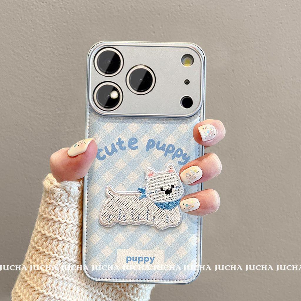 High-End Cute Blue Plaid Embroidery Puppy Phone Case for iPhone 15, 16 Pro Max, and 17