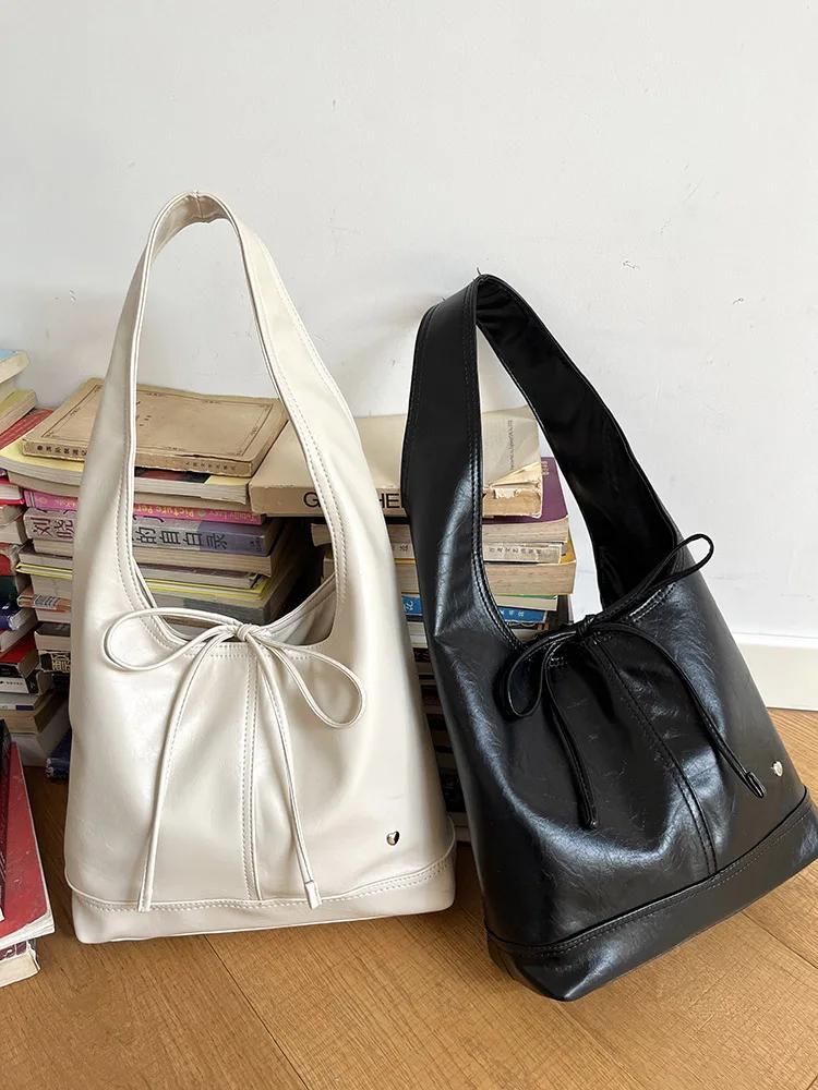 Soft PU Leather Women's Commuter Shoulder Bags Casual Bowknot Female Tote Underarm Bag Solid Color Ladies Handbags with Purse