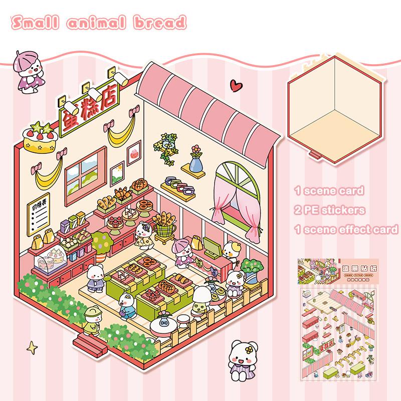 1Set Cute Three-Dimensional Handbook Stickers Miniature Scene Stickers Cartoon Pocket Cabin Scene Stacking Pasting Stickers
