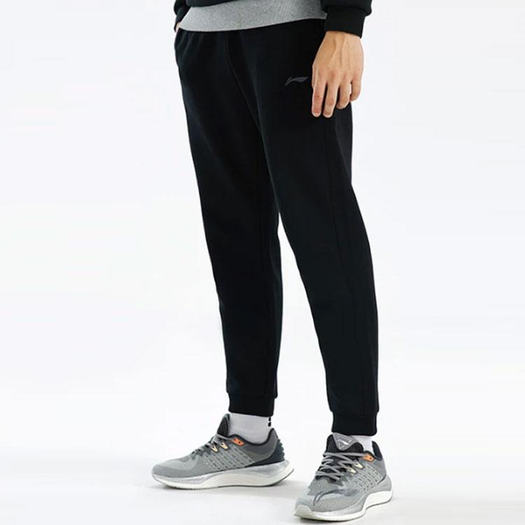 Li Ning Fitness Series Letter Print Solid Color Cuffed Sports Pants Men bottoms Black AKLS015-1