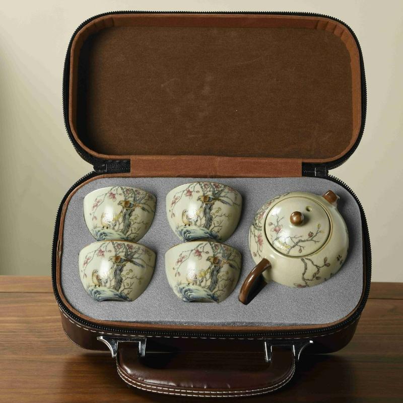 Ru Kiln Travel Tea Set One Pot Four Cups Retro Kung Fu Tea Set Ceramic Teapot Tea Cup Portable Outdoor Teaware Sets Leather Bag