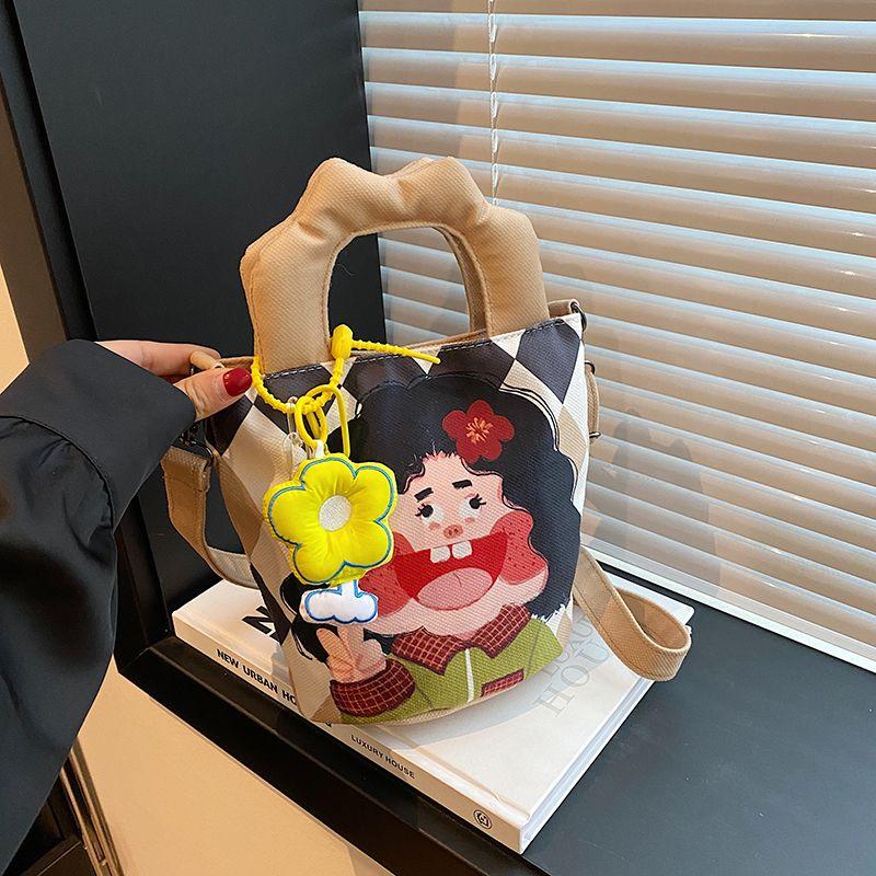 

Canvas Small Bag 2025 New Cute Cartoon Painting Bag Girl Carrying Bucket Bag All-Match Shoulder Messenger Bag Khaki